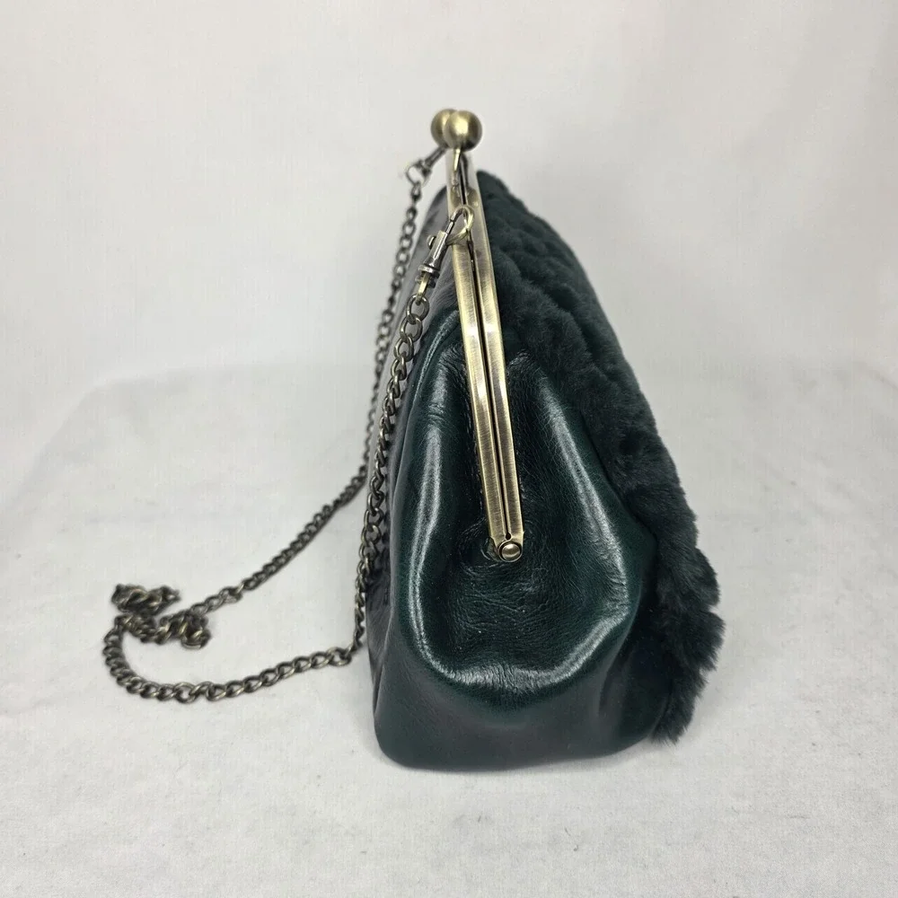 Patricia Nash Gisele Green Leather & Faux Fur Clutch Crossbody Frame Purse NWOT‎